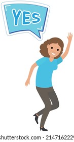 Lady dancing near yes word text on talk shape. Girl says yes. Happy woman agrees, answers. Communication, conversation concept. Sticker, colloquial speech bubble above head of female character