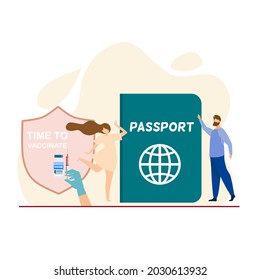 A lady dancing next to passport, a man standing, vaccinating concept, vaccine passport, got vaccine any travel around the world, COVID-19 prevention 