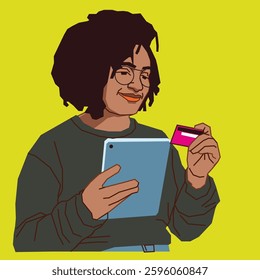 A lady with debit card and a mobile tablet shopping online