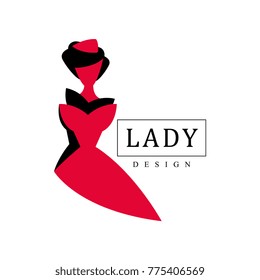 Logotipo del diseño de la señora, emblema rojo y negro de la moda y de la Ilustración vectorial con la silueta de la señorita