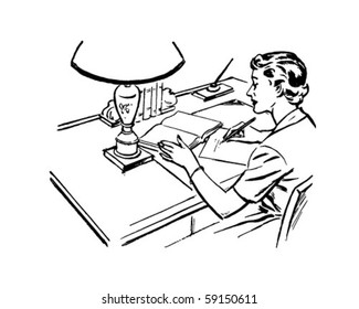Lady At Desk Writing - Retro Clip Art