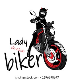 lady devil biker, sticker, print, badge, design idea, girl biker on a motorcycle in a helmet. vector illustration