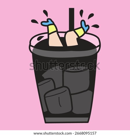 Lady Diving Into A Cup Of Iced Black Coffee Concept Cartoon Character illustration