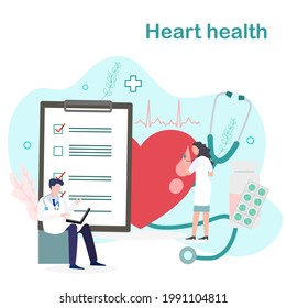 A Lady Doctor Is Checking Heart, A Man Sitting Using Laptop With Element Of Medical And Hearth Rate Graph, Heart Health Concept, Heart Check Up