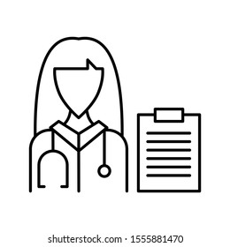 Lady doctor with clipboard icon. Outline thin line flat illustration. Isolated on white background. 