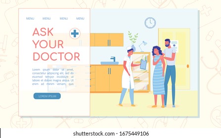 Lady Doctor in Her Office, Inviting Young Couple to Come in. Husband and Wife Visiting General Practitioner in Local Outpatient Clinic to Get Test Results. Landing Page with Copy Space for Extra Text.