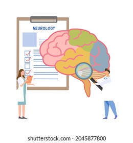Una doctora sostiene un documento, un doctor sostiene un zoom de lupa en el cerebro, concepto de revisión de la salud cerebral 