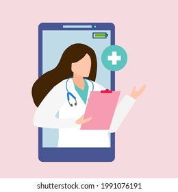 A lady doctor holding patient file on smart phone screen and cross symbol, medical and health care concept, online medical consult, telemedicine, online doctor