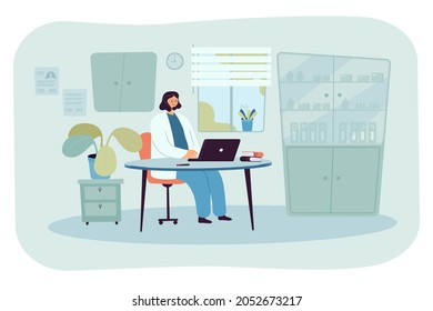 Lady doctor sitting at desk in medical office. Physician in examination room, clinic or hospital interior flat vector illustration. Healthcare, health, medicine concept for banner or landing web page