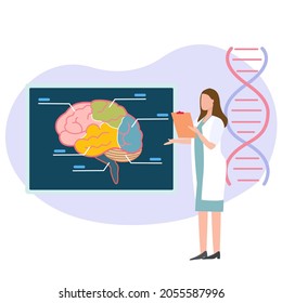 A Lady Doctor Standing Explaining About Human Brain On Black Board With DNA Line