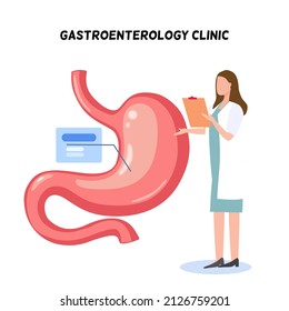 A Lady Doctor Standing Holding Document Explaining About Human Stomach, Bubble Text Explain About Stomach Disease, Digestive System, Gastroenterology Clinic 