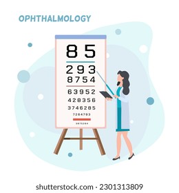 A lady doctor standing next to eye sight test board, ophthalmology doctor, number reading test in pastel background color 