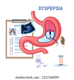 A lady doctor standing zoom microscope at gastric with exclamation mark. Gas in stomach symbol, X-ray film with patient card in elements, dyspepsia, indigestion concept, gastroenterologist doctor 