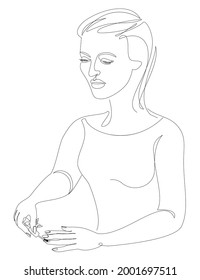 The lady does a manicure, paints her nails with varnish. Silhouette of female hands in a modern one line style. Solid line, aesthetic outline for decor, posters, stickers, logo. Vector illustration.