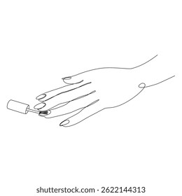 La señora hace una manicura, se pinta las uñas con barniz. Silueta de manos femeninas en un estilo moderno de una línea. Línea sólida, contorno estético para decoración, carteles, pegatinas, logotipo. Ilustración vectorial.