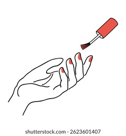 The lady does a manicure, paints her nails with varnish. Silhouette of female hands in a modern one line style. Solid line, aesthetic outline for decor, posters, stickers, logo. Vector illustration.