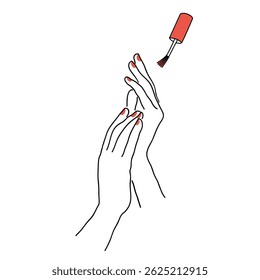 The lady does a manicure, paints her nails with varnish. Silhouette of female hands in a modern one line style. Solid line, aesthetic outline for decor, posters, stickers, logo. Vector illustration.