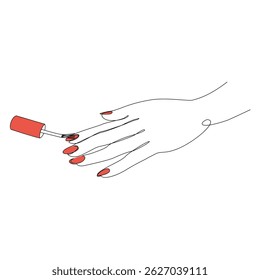 The lady does a manicure, paints her nails with varnish. Silhouette of female hands in a modern one line style. Solid line, aesthetic outline for decor, posters, stickers, logo. Vector illustration