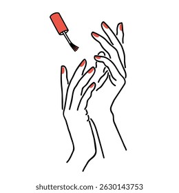 A senhora faz uma manicure, pinta as unhas com verniz. Silhueta de mãos femininas em um estilo moderno de uma linha. Linha sólida, esboço estético para decoração, cartazes, adesivos, logotipo. Ilustração vetorial.