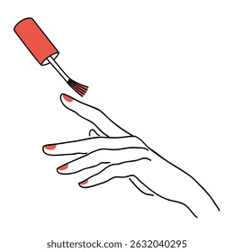 The lady does a manicure, paints her nails with varnish. Silhouette of female hands in a modern one line style. Solid line, aesthetic outline for decor, posters, stickers, logo. Vector illustration.