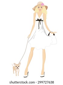 lady with dog. Vector illustration.