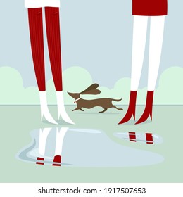 Una dama con un perro. Caminando una mascota. Primavera, hierba, charcos. Calle. Ilustración vectorial.Novia, Piernas. La anfitriona es una niña o una nana en una habitación estéril.Calor, naturaleza, vegetación.