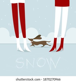 Lady with a dog. Walking a pet. Pet. Winter.Snow.Street. Vector illustration.Girlfriends.Legs.Owner girl or sitter in a sterile.Street.New year, holiday, Christmas.Ice