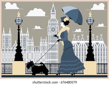 A lady with a dog walks along the waterfront in London. Handmade drawing vector illustration. Vintage style