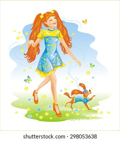 Lady with the dog walks on a spring meadow. Redhead girl. Vector illustration.