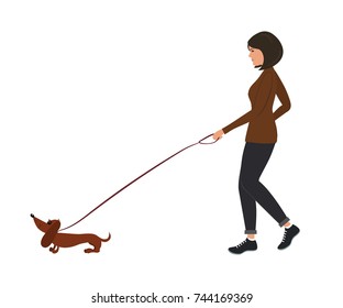 Lady with a dog. A young woman leads a dachshund dog on a leash. Vector illustration on a white background.