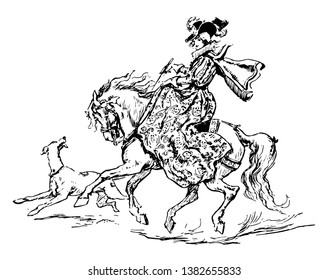 Una dama está haciendo equitación y un perro también corre al lado de su caballo, dibujo vintage o ilustración grabadora.