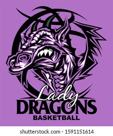 lady dragons basketball team design with mascot inside ball for school, college or league