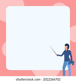 Lady Drawing Standing Holding Notebook While Pointing Stick In Big Blank Whiteboard. Woman Design Stands Carrying Notepad Points Rod In Empty Large Board.
