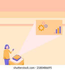 Lady Drawing Standing Holding Projector Remote Control Presenting Graph Growth. Woman Design Stands Uses Projection Machine For Displaying Presentation.