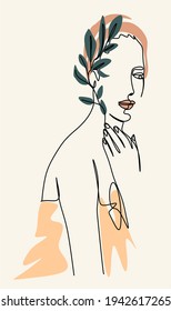 The lady is drawn in a single line. Boho style. Spa services.Beauty salon. Drawing a single line. Minimalism. Print for T-shirts, minimalist poster line, cosmetics, creams, painting in the interior