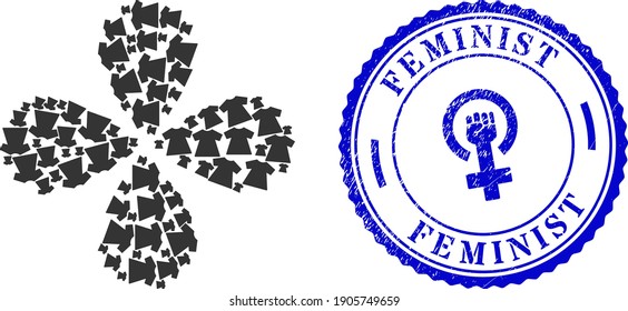 Lady dress swirl flower shape, and blue round FEMINIST dirty stamp print with icon inside. Element flower done from oriented lady dress items. Vector flower collage in flat style.