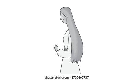 the lady is dressed in a dress, she has long hair, the lady is standing still with a smile on her face and a peek down,she is thoughtful,vector,cartoon.