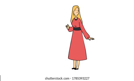 the lady is dressed in a red dress and with long yellow hair, she stands still and looks to one side, vector, cartoon.