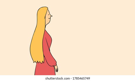 the lady is dressed in a red dress, she has long golden hair the lady is standing still with a smile on her face and looking ahead,vector,cartoon.