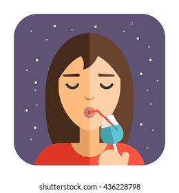 Lady drinking cocktail with sipping straw at night. Flat vector illustration 