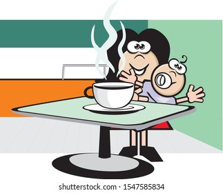 lady drinking cofee carrying her baby at a cafe