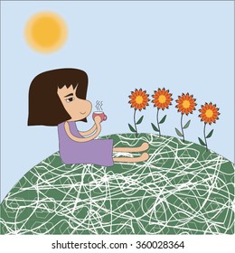  Lady drinking coffee and flower on the Earth