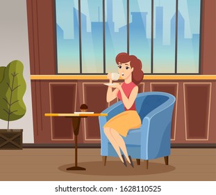 Lady drinking hot coffee or tea and eating chocolate muffin. Armchair and single leg table for meal. Place for relax in cafeteria, homelike interior. City view through the window, vector illustration