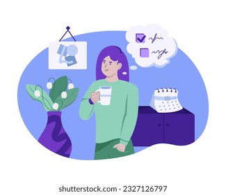 Lady drinking tea, thinking about checklist. Time management. Cartoon character planning project tasks. Schedule organization concept. Vector flat illustration in blue colors