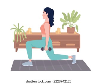 Señora con campanas de púas haciendo pulmones vectores 2D ilustración aislada. Actividad deportiva y entrenamiento de personaje plano sobre fondo de caricatura. Escena editable de colores para atleta para móvil, sitio web, presentación