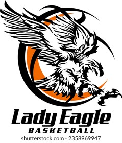 lady eagle basketball team design with mascot inside ball for school, college or league sports