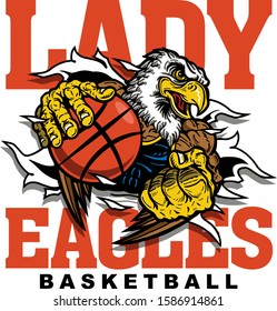 lady eagles basketball team design with mascot ripping through the background for school, college or league