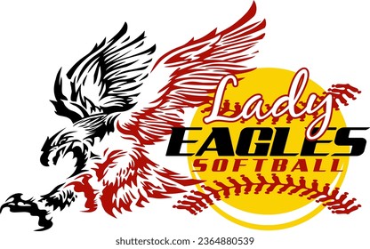 lady eagles softball team design with stitches and flying mascot for school, college or league sports