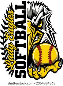 lady eagles softball team design with stitches and half mascot holding ball for school, college or league sports