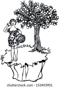 Lady Eating an Apple in front of an Apple Tree